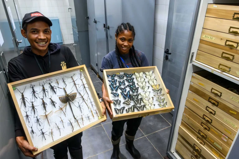 Medewerkers van biologisch onderzoeksstation met insecencollectie.